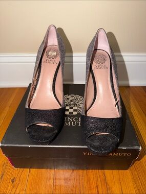 Vince Camuto Black Glitter Open-Toe High Heels